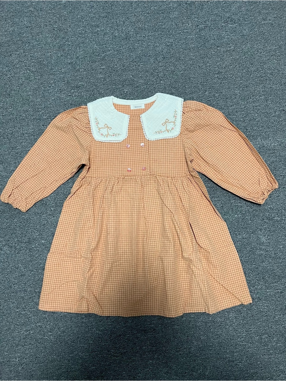 Embroidered White Collar Orange Checked Girls Dress